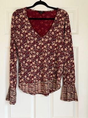 Lucky Brand Burgundy Floral V-Neck Long Sleeve Top